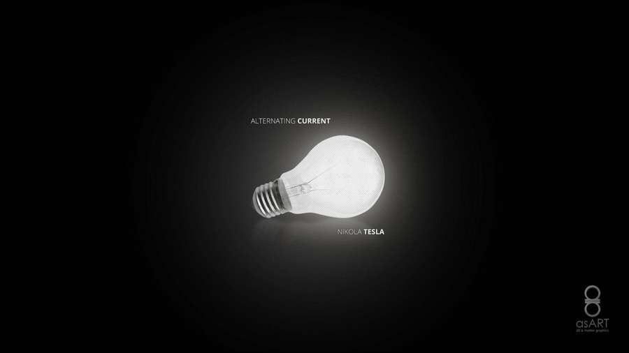 Eine glühende Glühbirne mit Text Wechselstrom und Nikola Tesla auf einem dunklen Hintergrund. — Aktuell Wallpaper