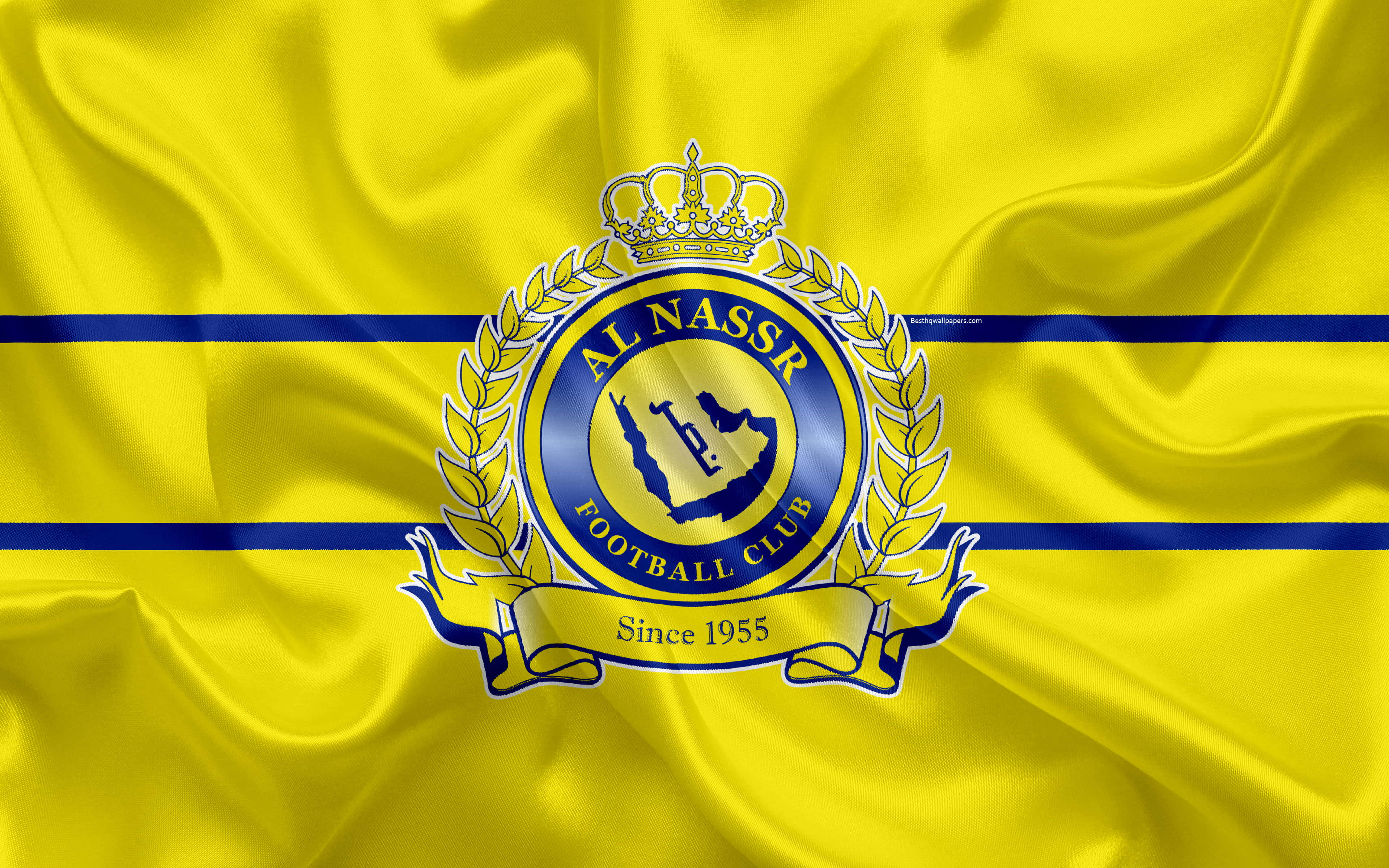 Al Nassr Football Club flag with yellow satin texture and blue stripes. — Al Nassr Wallpaper