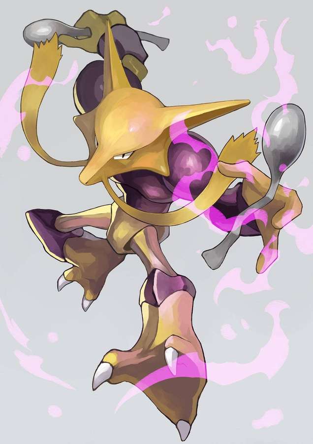 Alakazam Pokémon hält Löffel mit violettem Energie-Aura. — Alakazam Bilder