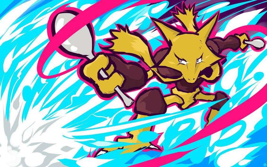 Yellow fox Pokémon wielding a spoon amid swirling blue and pink energy. — Alakazam Wallpaper