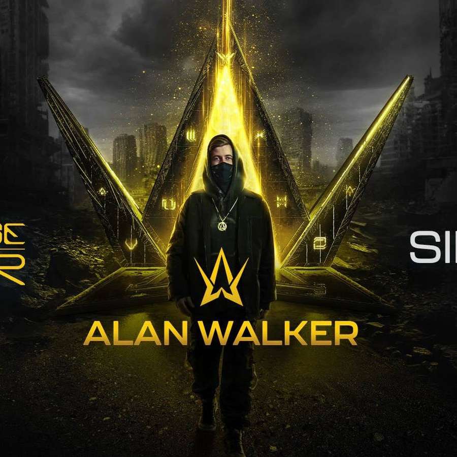 Alan Walker in einem dunklen Hoodie und Maske, der vor einer leuchtenden goldenen Struktur in einer zerstörten Stadt steht. — Alan Walker Bilder Hintergrund Wallpaper