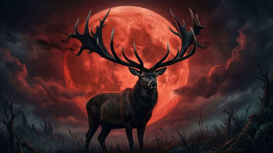 Silhouette of Alastor under a blood red moon. — Alastor Wallpaper