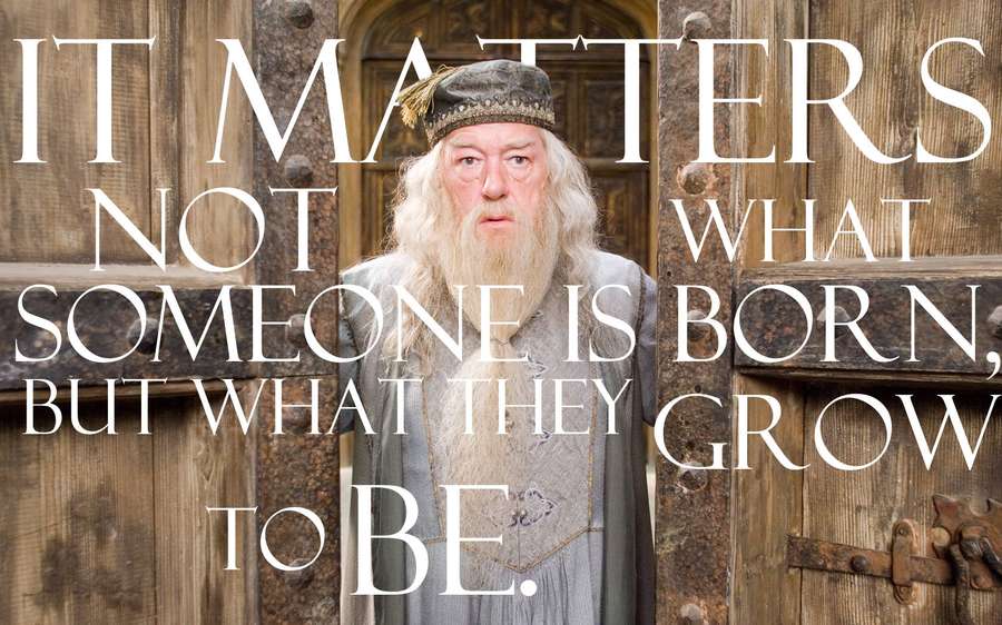 Albus Dumbledore med langt hvidt skæg og troldmandshat stående foran en trædør med inspirerende citattekst. — Albus Dumbledore Wallpapers