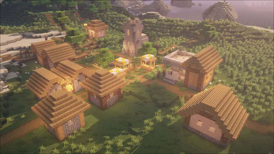 Un pueblo de Minecraft con casas de madera y una torre de piedra al atardecer. — Aldeas de Minecraft Fondos de pantalla