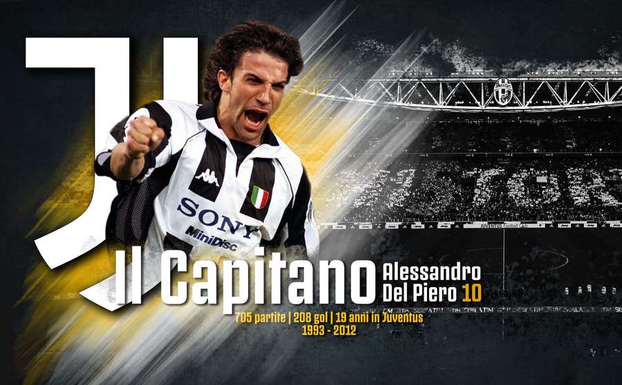 Football captain Alessandro Del Piero celebrating in Juventus kit with stats and stadium background. — Alessandro Del Piero Wallpaper