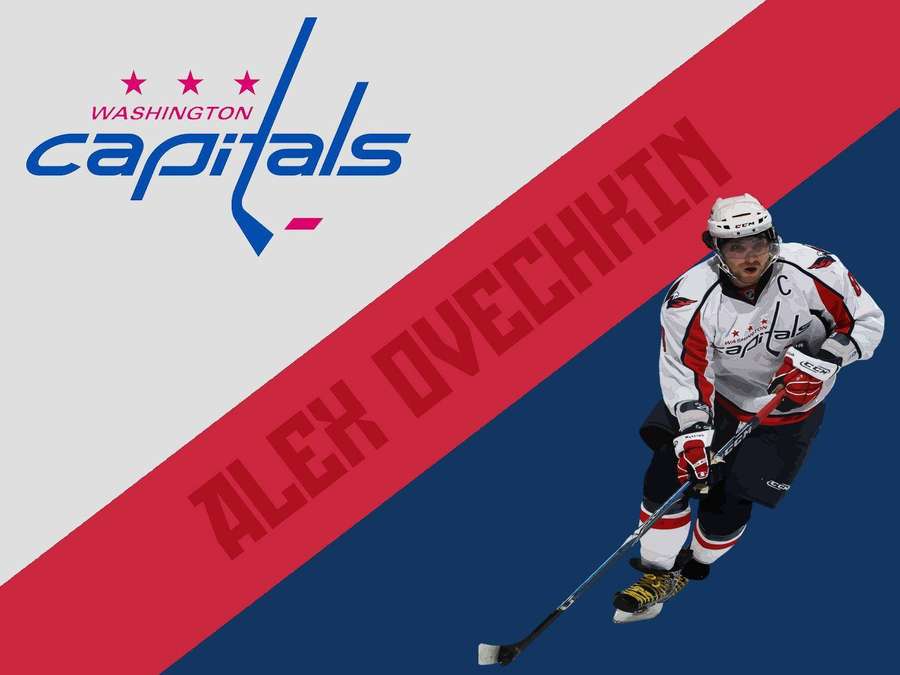 Alex Ovechkin no uniforme do Washington Capitals patinando com taco de hóquei. — Alex Ovechkin Papéis de Parede