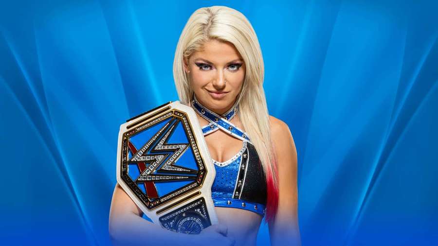 Blonde wrestler holding championship belt in blue studio background. — Alexa Bliss Wallpaper
