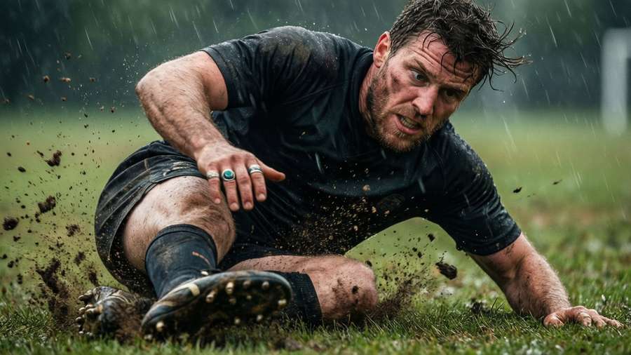 Alexander Ring slides in for a tough tackle on a rainy pitch. — Alexander Ring Picture