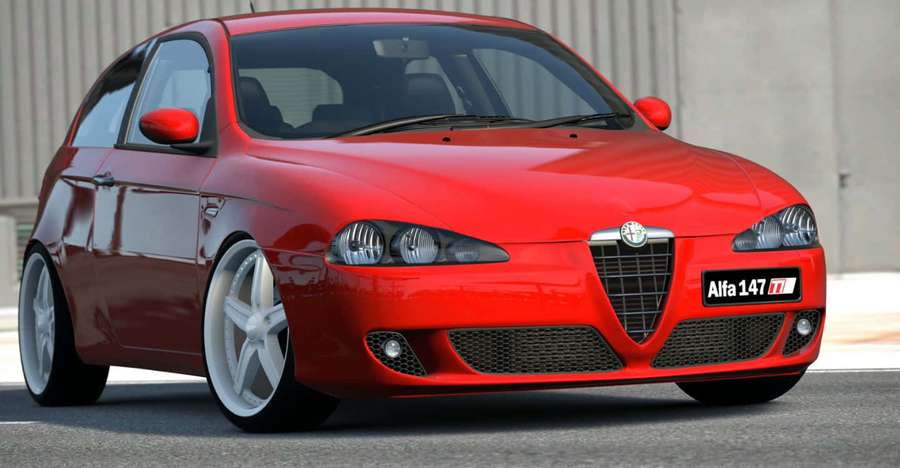 Red Alfa 147 sports car with white rims parked on asphalt. — Alfa Romeo 147 Wallpaper