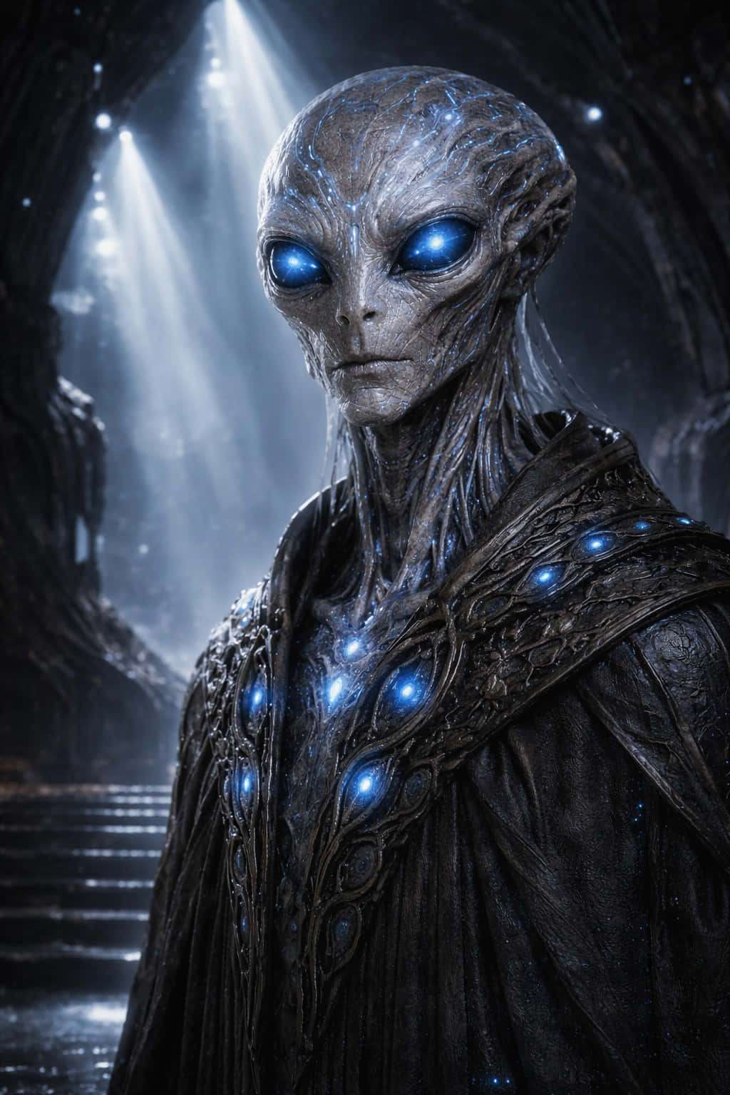 A glowing-eyed alien in ornate robes stands in a dark cavern with beams of light. — Alien Stage Background