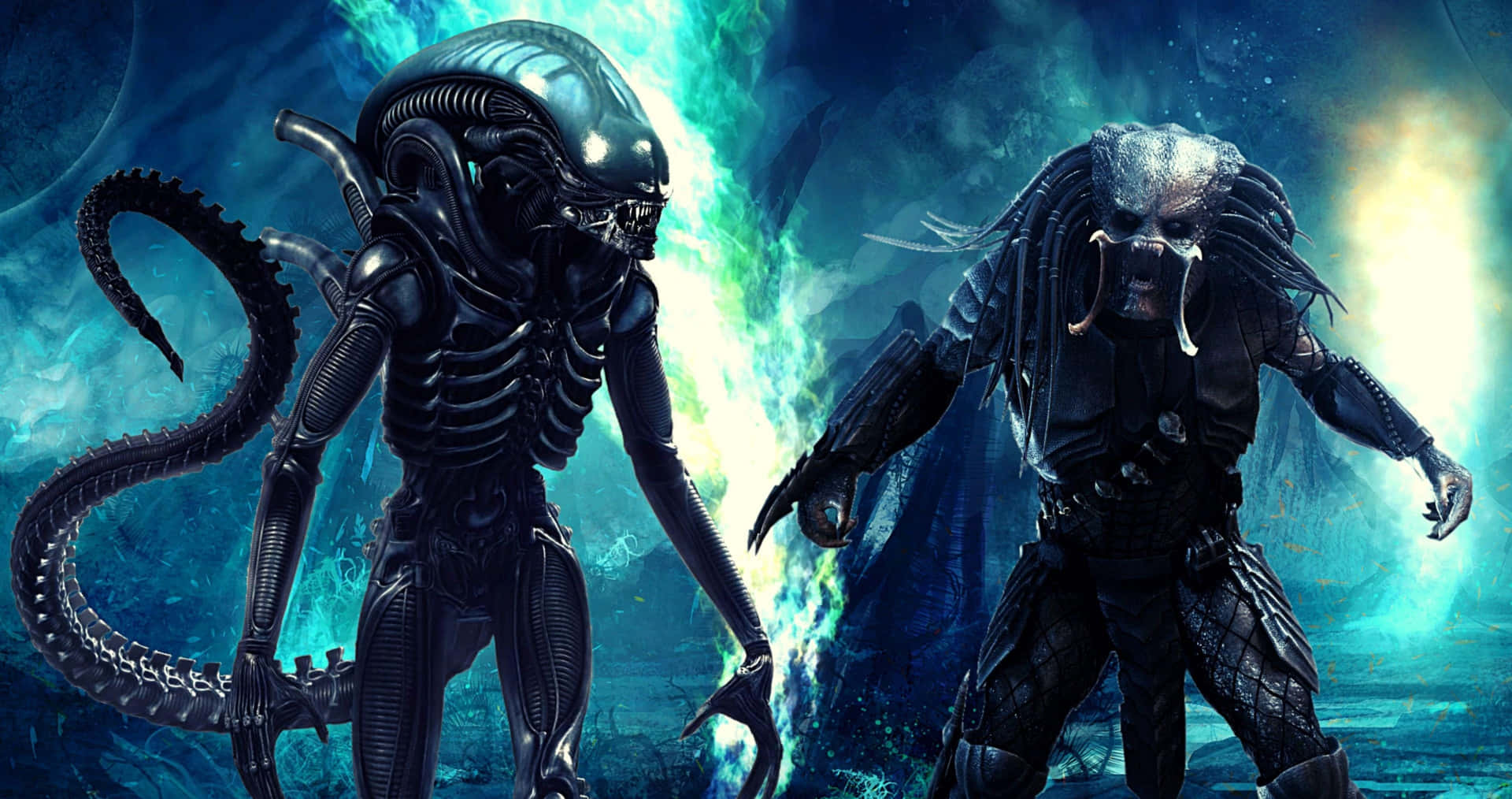 Alien och Predator möts i en glödande alien-miljö. — Främmande Vs Predator Bakgrundsbilder