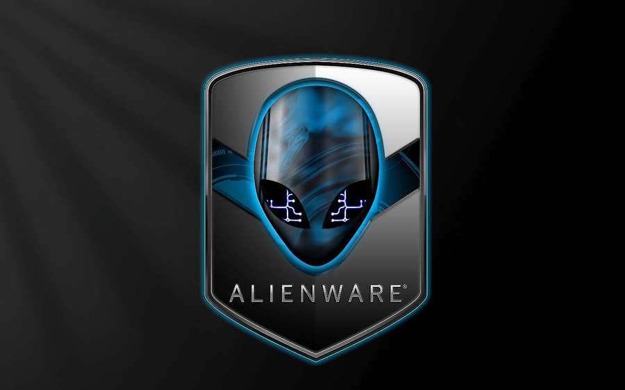 Alienware-Logo mit leuchtend blauem Alienkopf auf schwarzem Hintergrund. — Alienware Standard Wallpaper