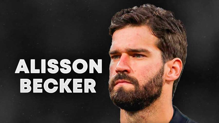 Football goalkeeper Alisson Becker in a serious portrait with text overlay. — Alisson Becker Background