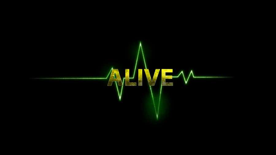 Glowing green heartbeat line with the word ALIVE in gold on black background. — Alive Wallpaper