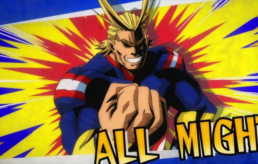 Anime superhero All Might in a powerful punch pose with explosive background. — All Might Wallpaper