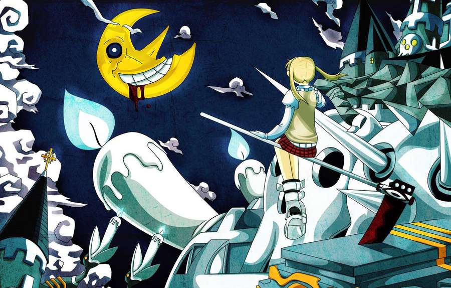 Chica anime con espada en castillo roto bajo luna sonriente con sangre goteando. — Alma Fondos de pantalla