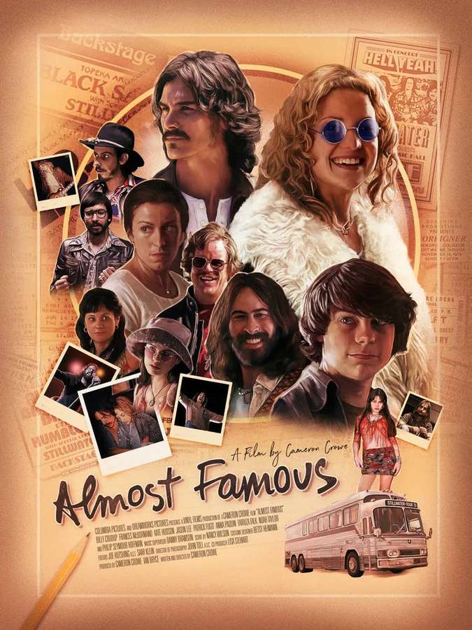 Movie poster for Almost Famous showing band members and actors with a tour bus. — Almost Famous Background