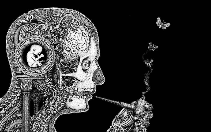 Una testa di teschio con motivi intricati tiene una pipa che emette farfalle, contenente un feto all'interno di una cornice circolare. — Alternative Sfondi