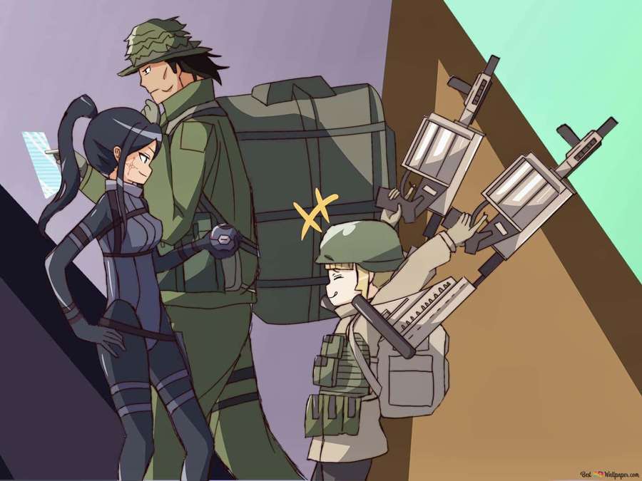 Drei Anime-Soldaten in Kampfausrüstung mit Waffen in einer stilisierten Szene. — Alternative Kunst Wallpaper