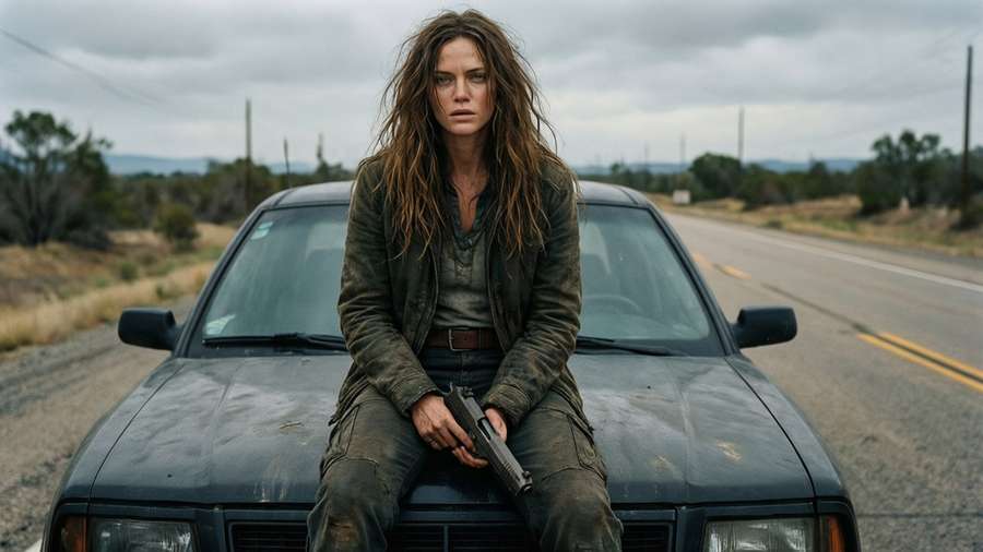 Alycia Debnam-Carey as Alicia Clark on a car hood with a gun on a deserted highway. — Alycia debnam carey Wallpaper