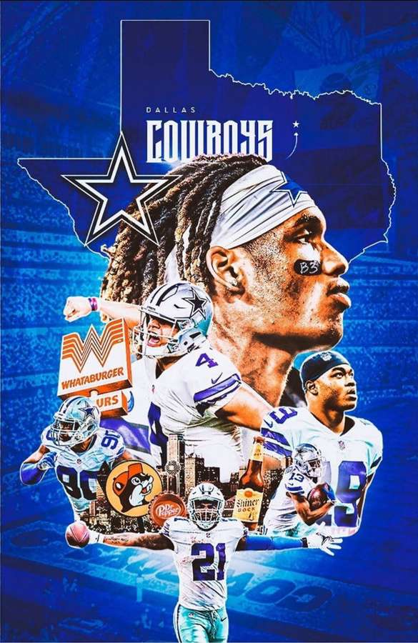 Dallas Cowboys football players in action poses with team logo and sponsor logos. — Amari Background