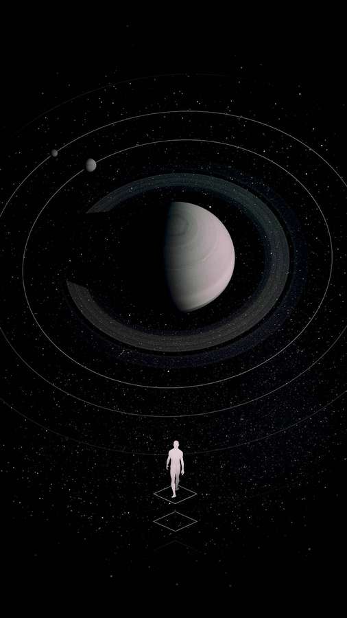 A person stands on a platform in space before a giant ringed planet. — Amazing Phone Wallpaper