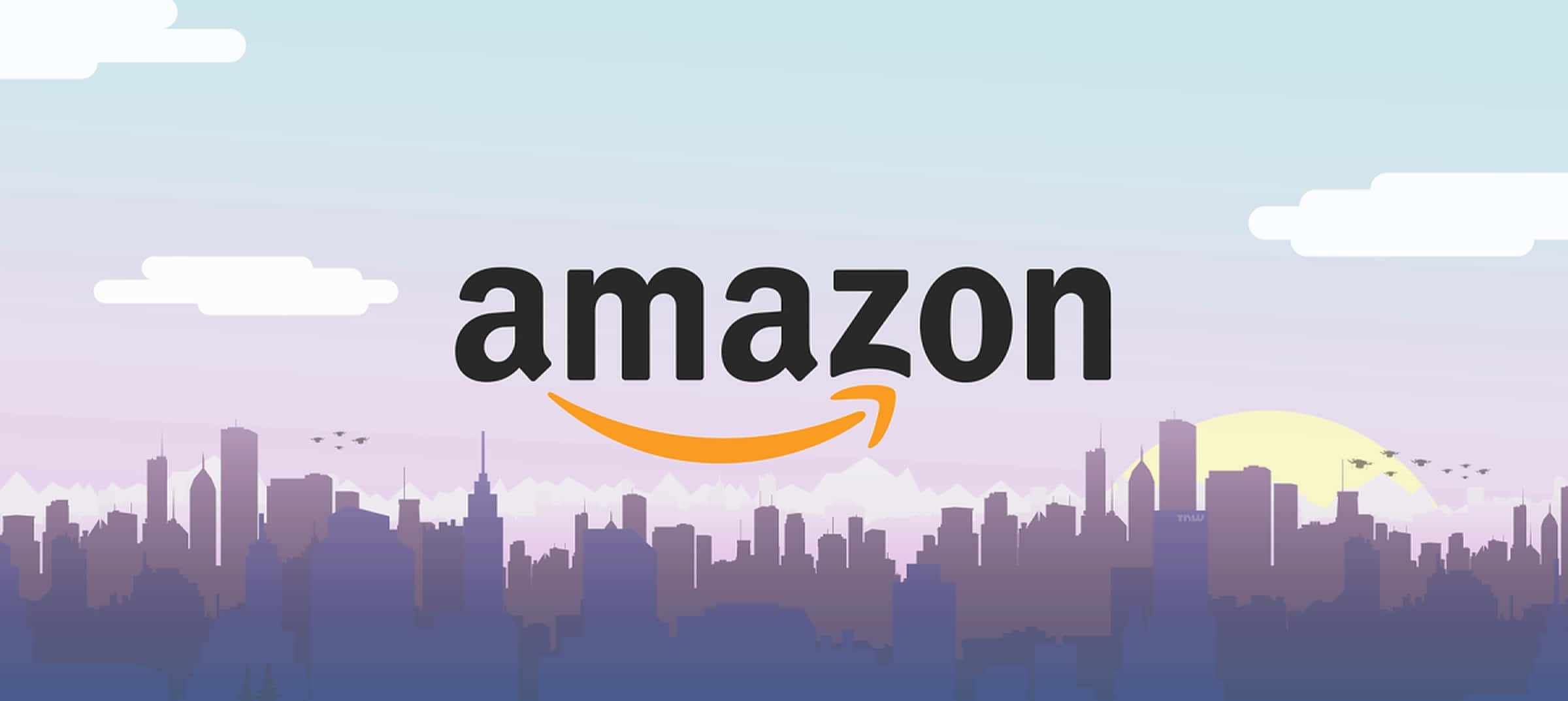 Amazon-logo violetin kaupungin siluetin yläpuolella auringonlaskussa lentävien lintujen kanssa. — Amazon Taustakuvat