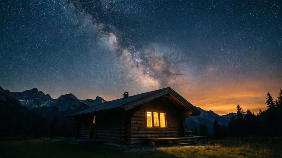 Starry sky and warm cabin light for a peaceful ambience. — Ambience Picture