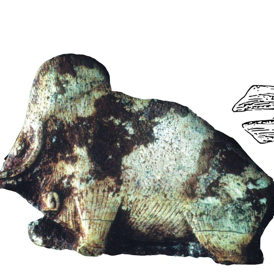 Tallado en piedra desgastada de animal con anotaciones de boceto. — Ambiguo Fondos de pantalla