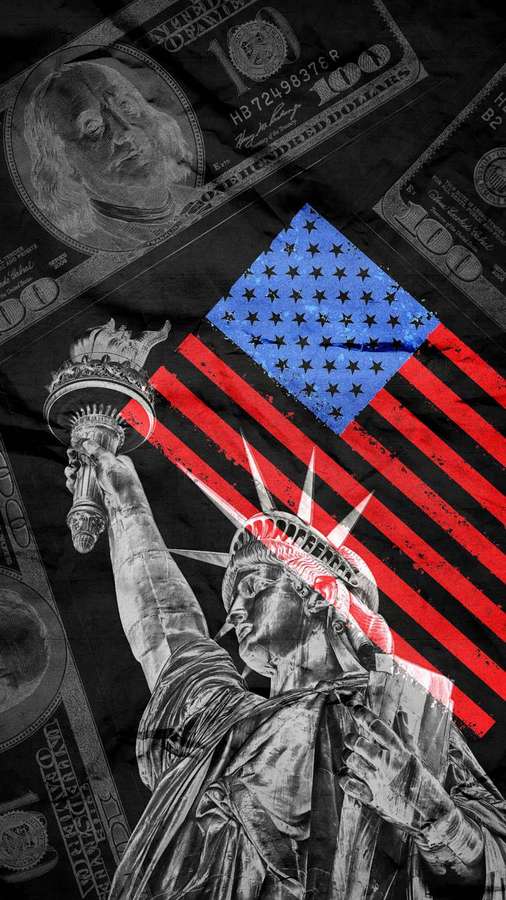 Statue of Liberty with torch against American flag and hundred dollar bills. — America iPhone Wallpaper