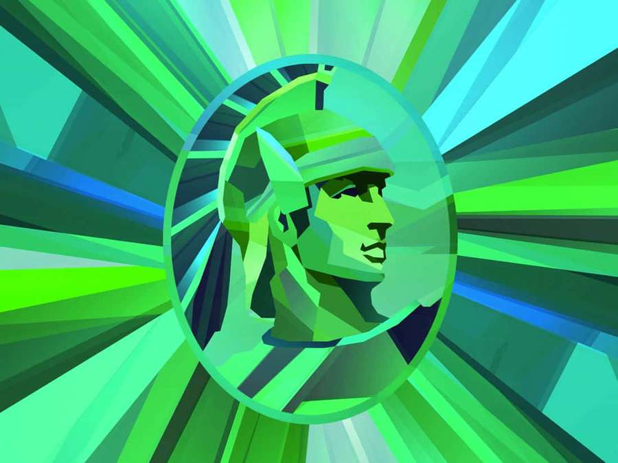 A geometric warrior head in green and blue with radiating stripes. — American Express Background