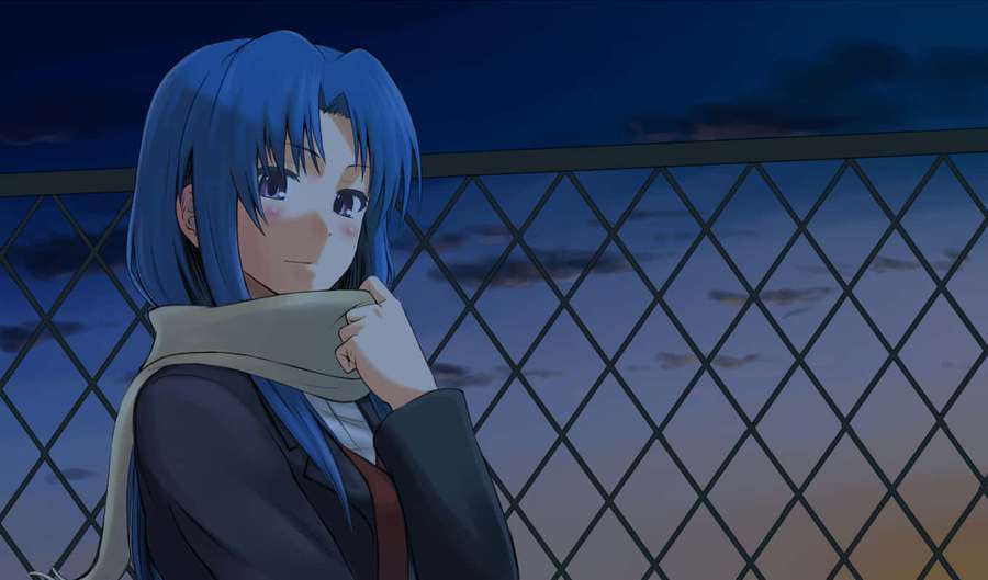 Chica anime de pelo azul con uniforme escolar junto a una valla al atardecer. — Ami Kawashima Fondos de pantalla