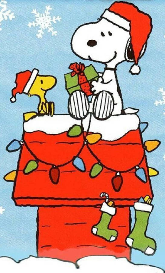Snoopy e Woodstock con cappelli da Babbo Natale su un tetto decorato con neve e luci. — Amici Sfondi
