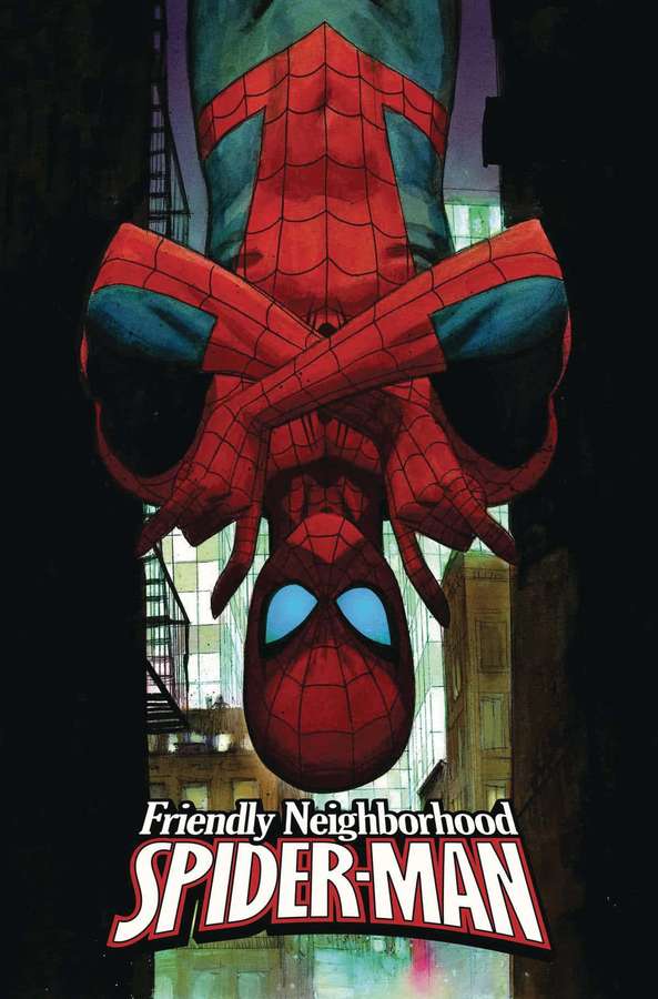 Spider-Man colgando boca abajo en un callejón de la ciudad por la noche con ojos brillantes. — Amigable vecino Spider-man Fondos de pantalla