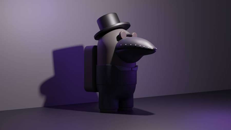 Purple 3D hippo in top hat and bow tie casting shadow in dim room. — Among US Black Background