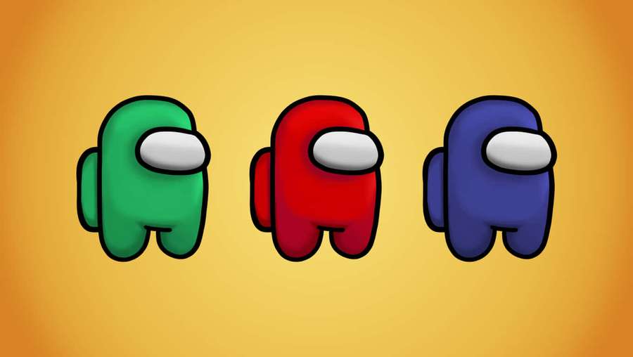 Three Among Us game characters in green red and blue floating against a yellow background — Among US Character Wallpaper