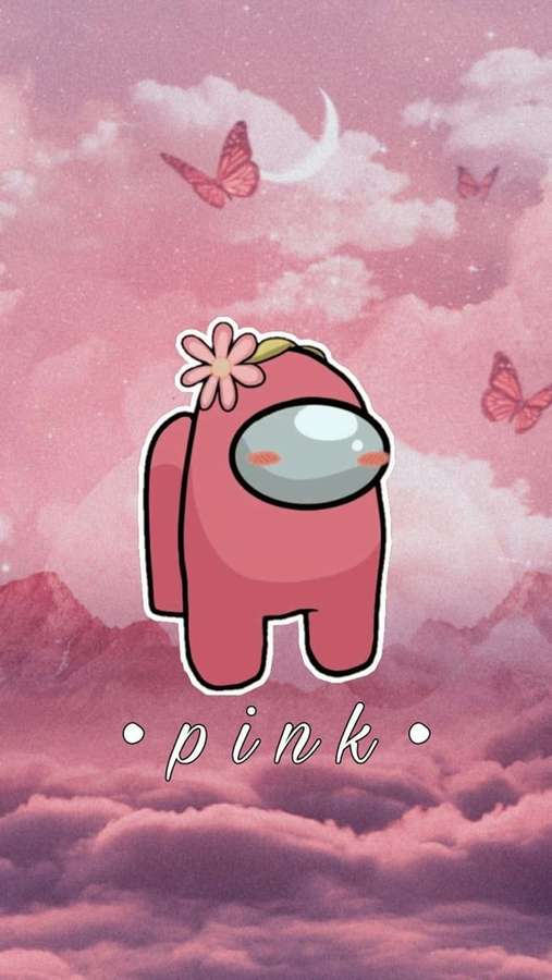 Pink Among Us character with flower headpiece in pastel sky with butterflies and moon. — Among US Pink Wallpaper