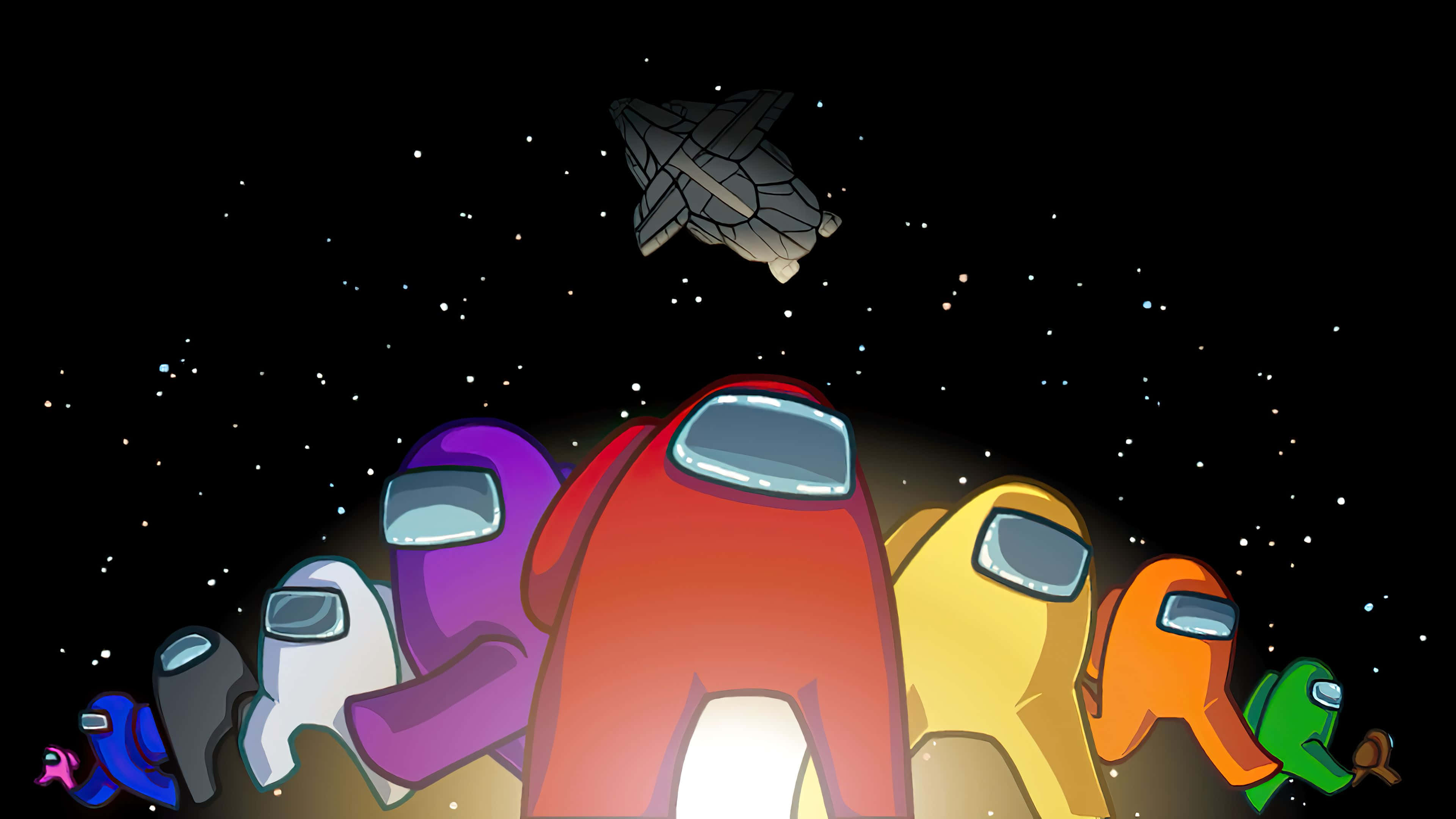 Among Us crew in space suits looking at a spaceship in the stars. — Among US Red Background