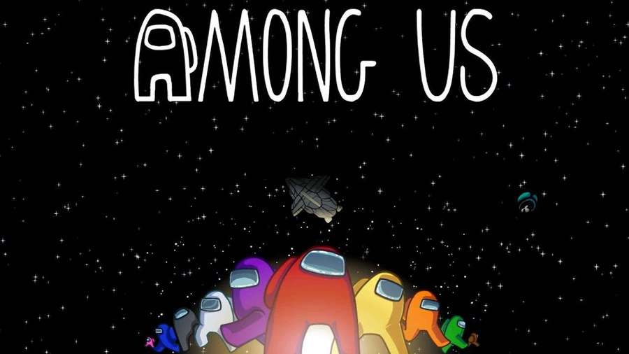Among Us game characters floating in space with stars and a spaceship. — Among US Space Background
