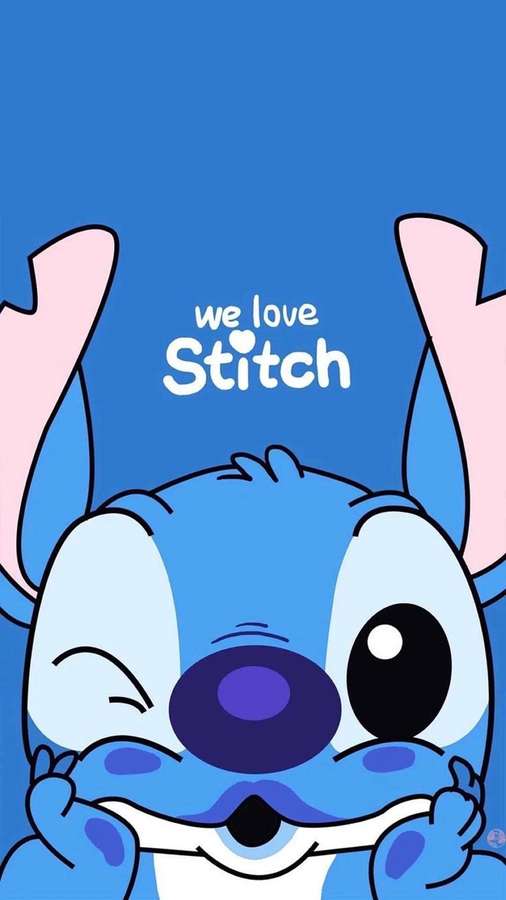 Alienígena azul de desenho animado Stitch pisca e segura as bochechas com texto acima. — Amor Papéis de Parede