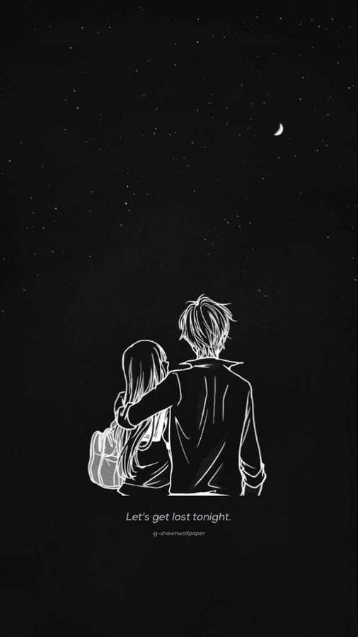 Dos personas abrazándose bajo un cielo estrellado con una luna creciente y texto debajo. — Amor Negro Fondos de pantalla