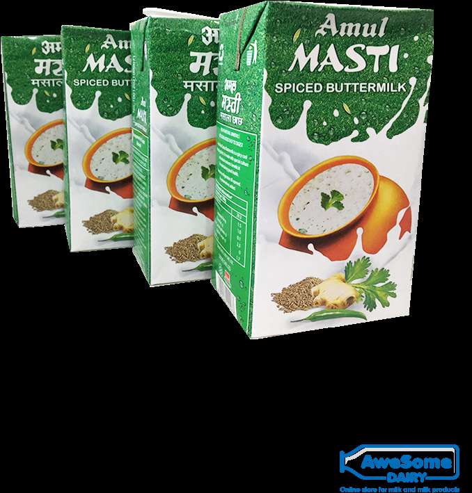 Three Amul spiced buttermilk cartons with spice ingredients shown. — Amul PNG