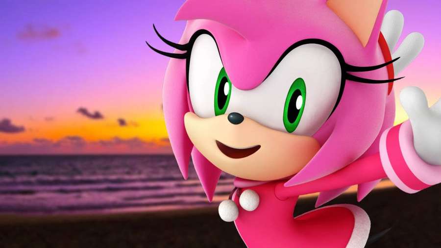 Amy Rose waves happily at sunset on a beach. — Amy Rose Wallpaper