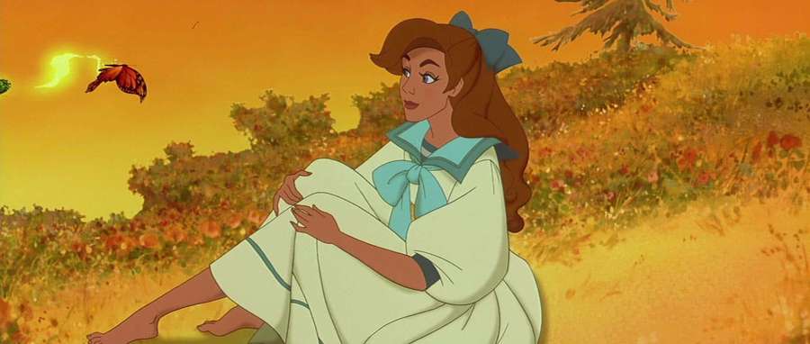 Young woman in white dress with blue bow sitting barefoot in golden field at sunset with butterfly. — Anastasia Background