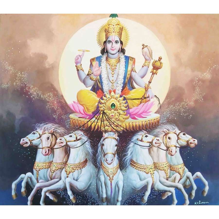 Hinduistisk guddom sidder på en vogn trukket af syv hvide heste i en guddommelig kosmisk scene. — Åndelig Baggrunde Wallpapers