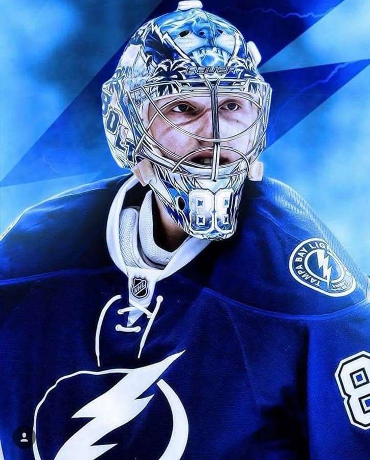 Tampa Bay Lightning hockey goalie in blue uniform with number 88 and detailed mask. — Andrei Vasilevskiy Wallpaper
