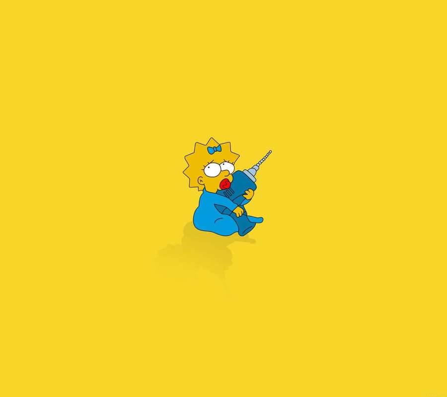 Baby Lisa Simpson hält einen blauen Bohrer auf gelbem Hintergrund. — Android 11 Bilder