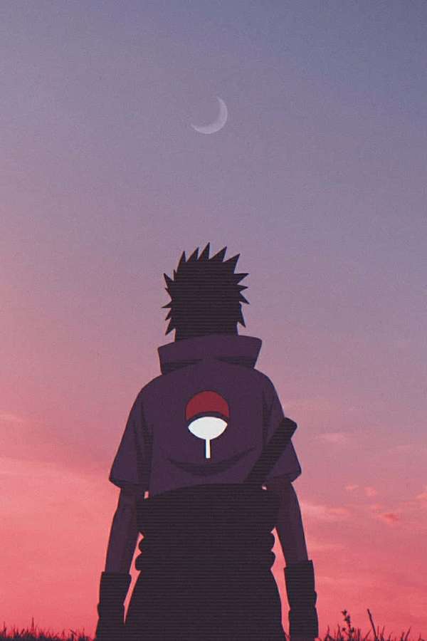 Anime ninja silhouette facing a pink and purple sunset with a crescent moon. — Android Anime Wallpaper