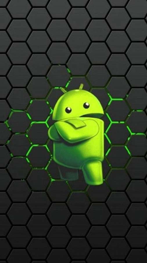 Green Android mascot on dark hexagonal background with glowing green accents. — Android Background