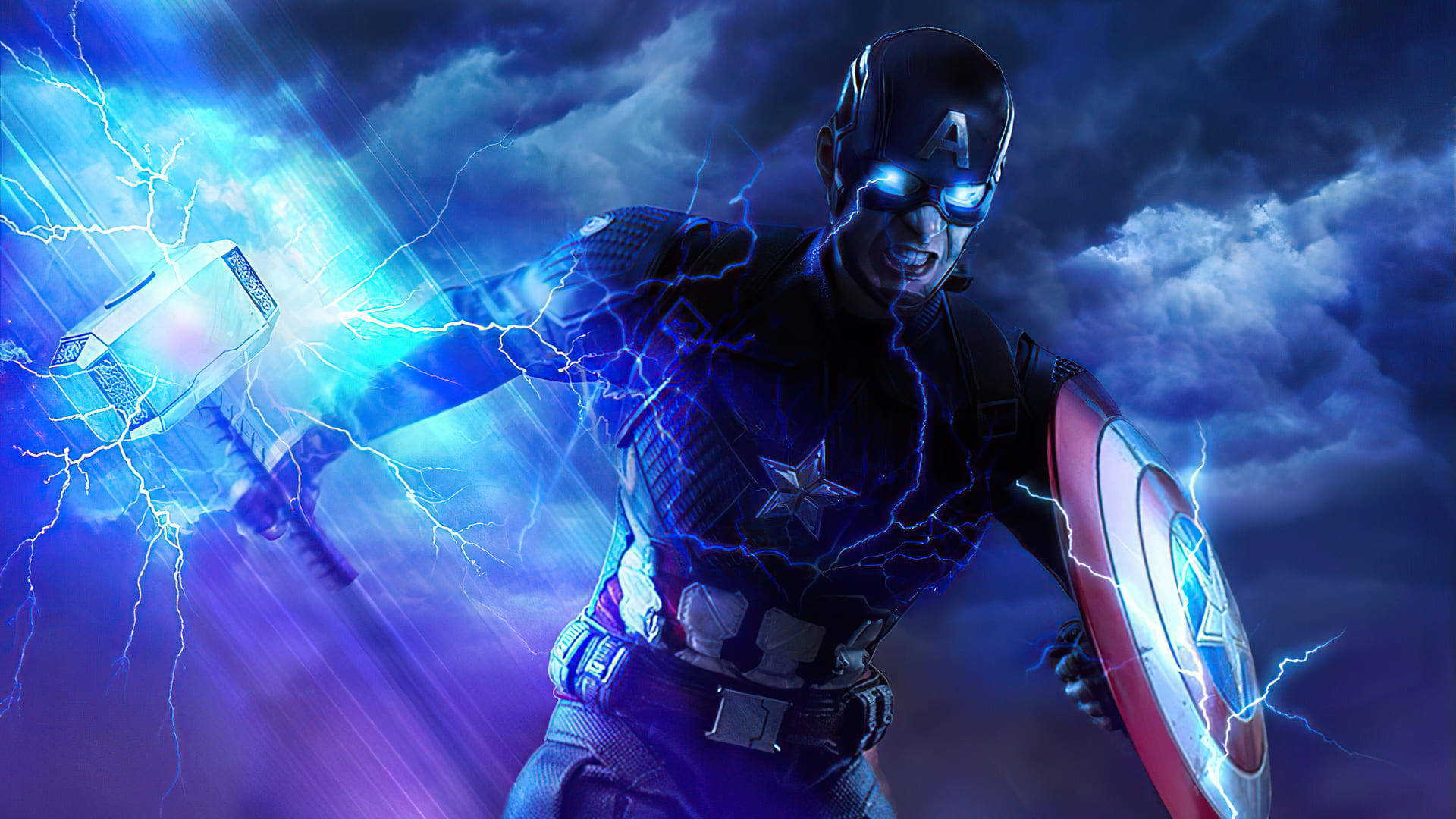 Captain America håller Thors hammare med blixtar som slår ner runt honom. — Android Captain America bakgrund Bakgrunder